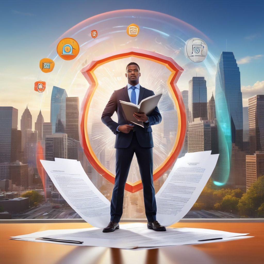 An empowered individual standing confidently at the center, surrounded by floating legal documents and icons representing safety guidelines, like a shield and a magnifying glass. The background shows a blurred cityscape, symbolizing the importance of background checks. Bright colors and dynamic lines to convey energy and empowerment. super-realistic. vibrant colors.
