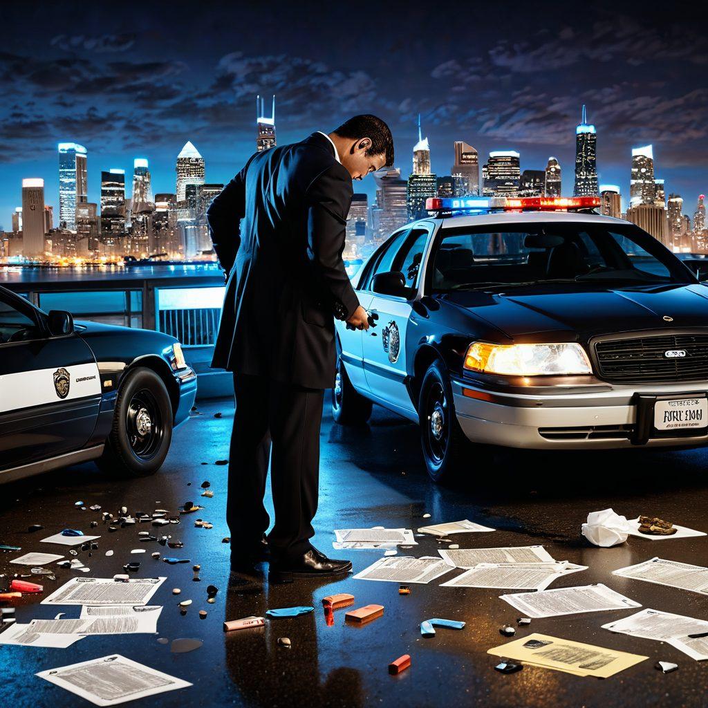 A dramatic scene depicting a forensic investigator examining a crime scene, surrounded by scattered evidence including a magnifying glass, fingerprints, and police tape. In the background, a city skyline at dusk, with a police car's flashing lights illuminating the area. The mood is tense yet focused, highlighting the themes of law and order. The investigator is in a contemplative pose, reflecting on the complexities of criminal history. super-realistic. vibrant colors. 3D.