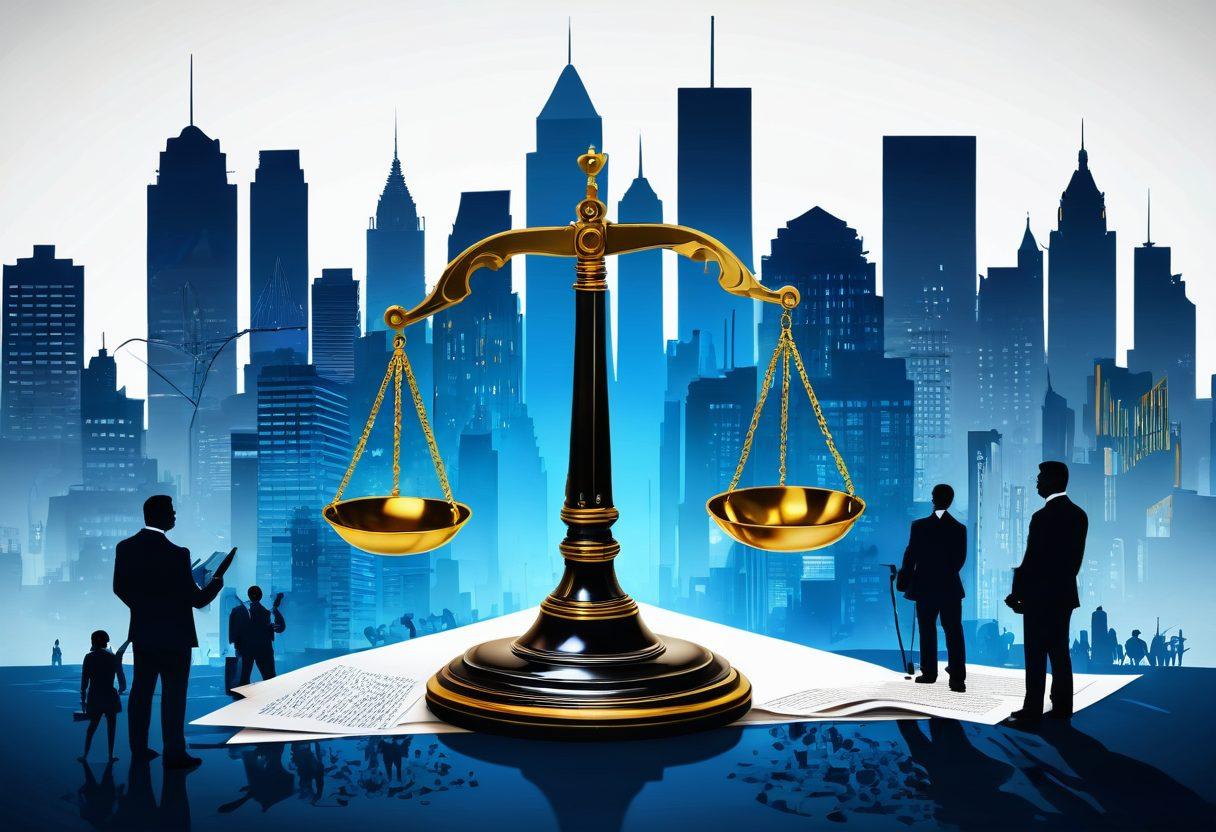 A symbolic representation of justice featuring a balanced scale entwined with a magnifying glass, set against a backdrop of diverse individuals silhouetted in a cityscape. Elements like documents, fingerprints, and a gavel artistically scattered around, illustrating the complexity of criminal background investigations. The color palette should be a blend of deep blues and golds, invoking a sense of authority and clarity. super-realistic. vibrant colors. white background.